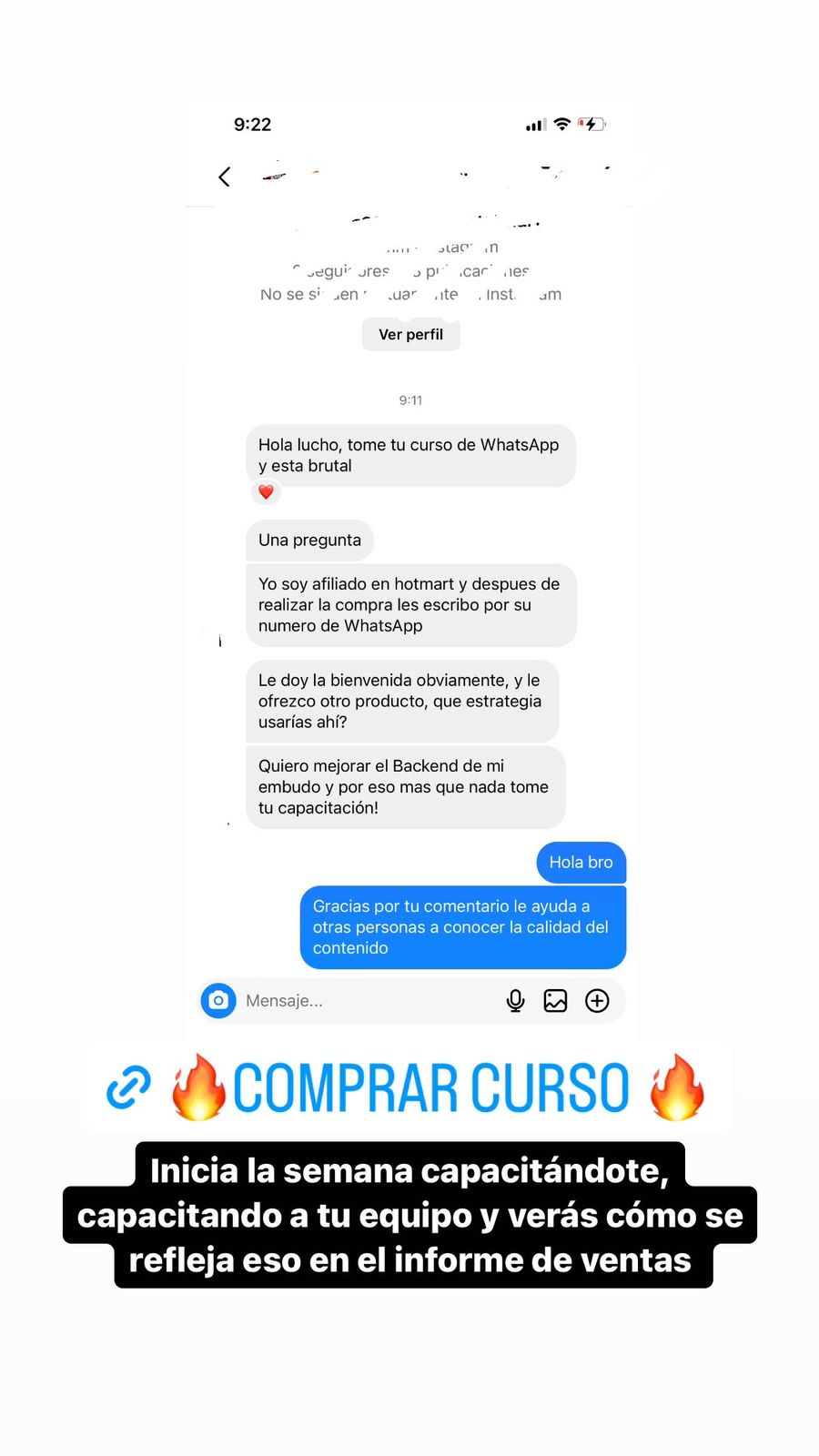 Mensaje de un alumno: tomé tu curso de WhatsApp y está brutal